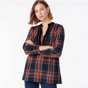 J Crew Tunic Blouse Tartan Plaid Classic Cotton V-Neck Red Black Holiday